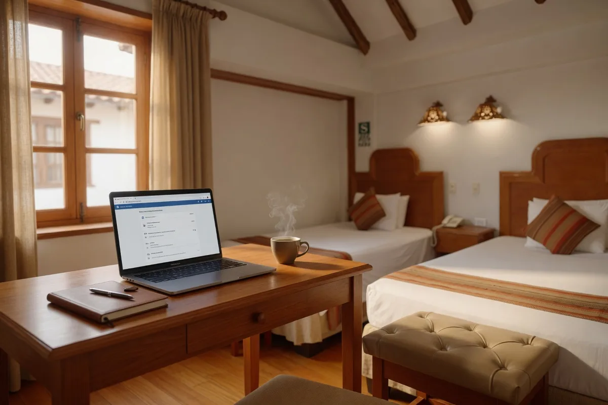 Bureau de chambre coloniale avec ordinateur portable, carnet et café pour un séjour d’affaires au Munay Wasi Inn