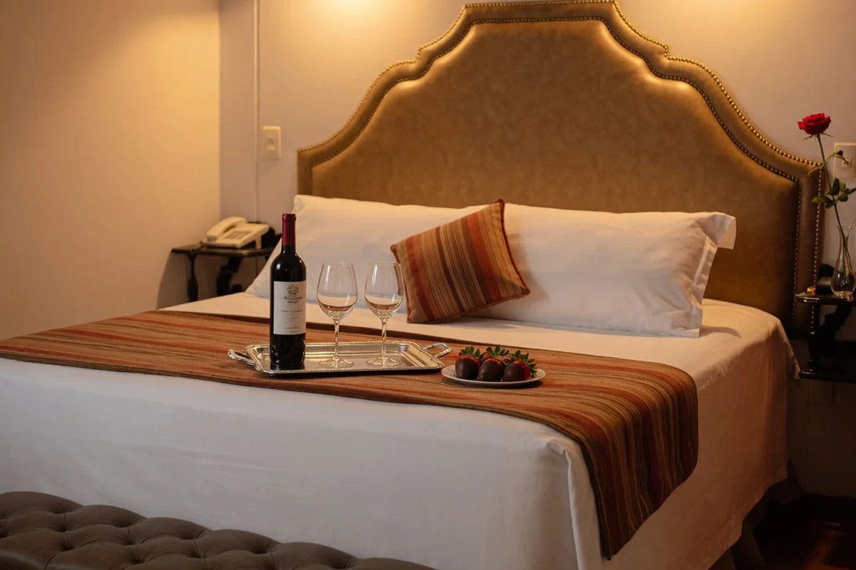 Lit de Junior Suite au Munay Wasi Inn avec vin, verres et fraises au chocolat pour la lune de miel